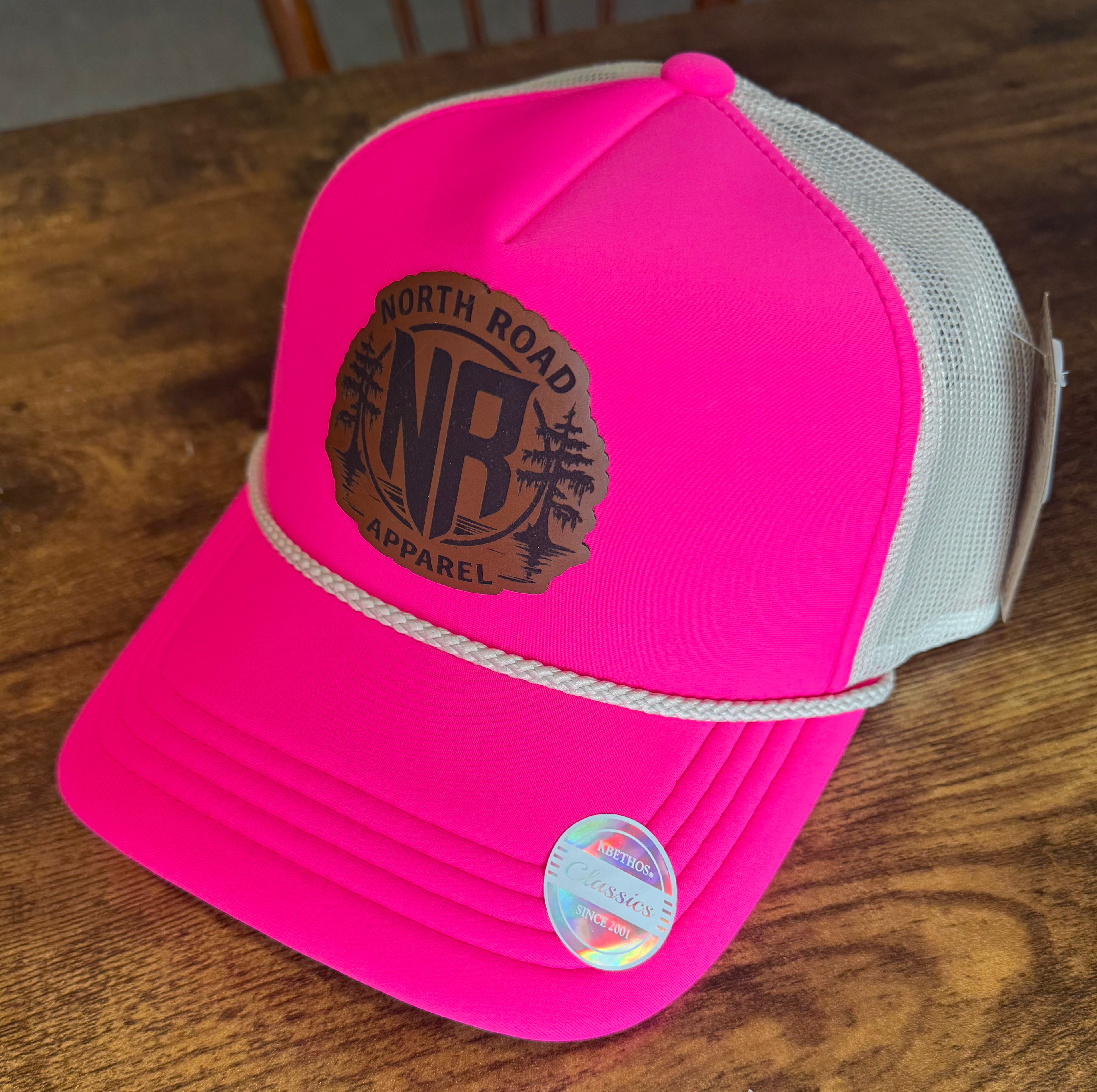 women's pink rope hat with leather patch